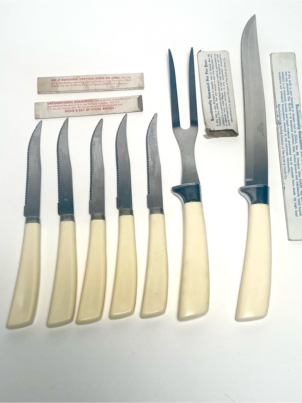 Quikut Vtg Serving Fork Carving Knife & 5 Steak Knives Stainless Steel Blade Cvr